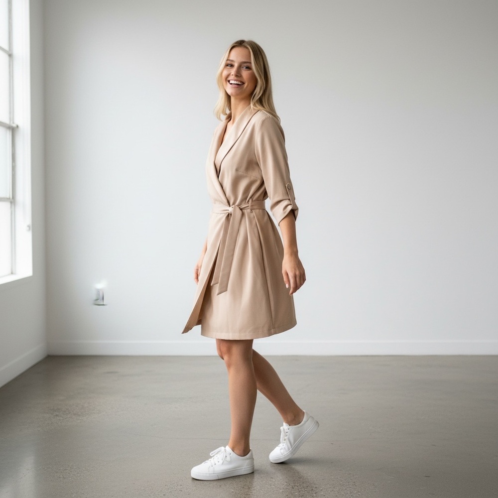 ANGL, beige wrap romper front looks like wrap dress but wraps over shorts. AAA